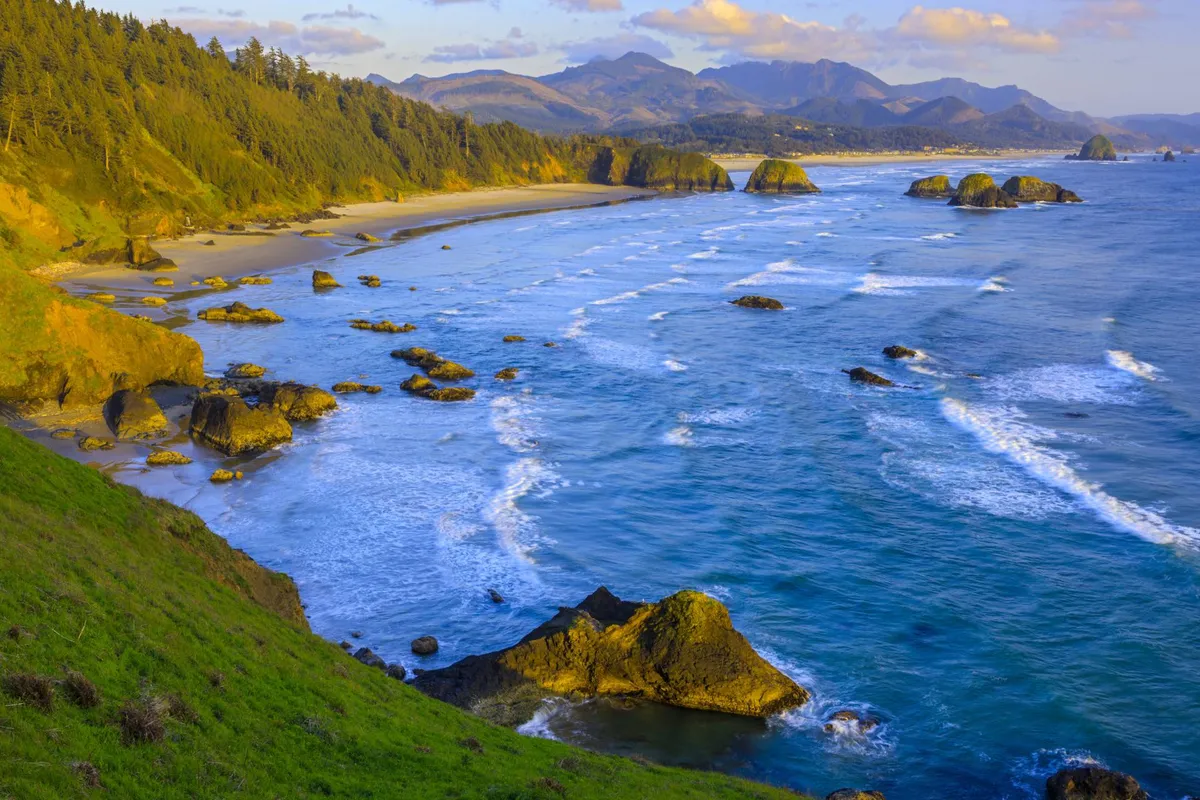 A wide view of a rocky coastline with waves crashing, mountains in the distance, and a sandy beach in the foreground. The natural setting invites beachcombing, hiking, and enjoying the open space with a pet.